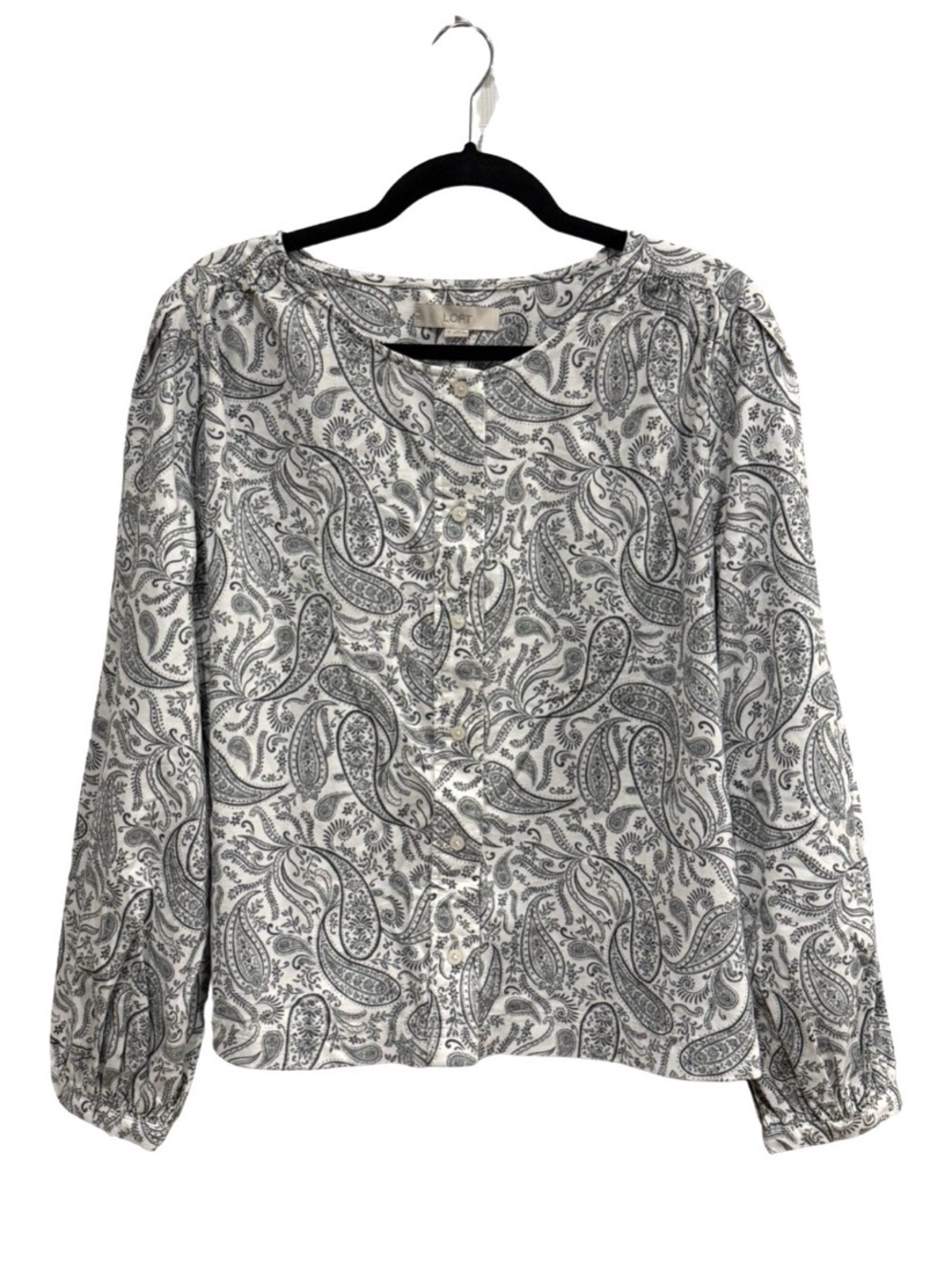 LOFT White and Green Paisley Button-Front Blouse